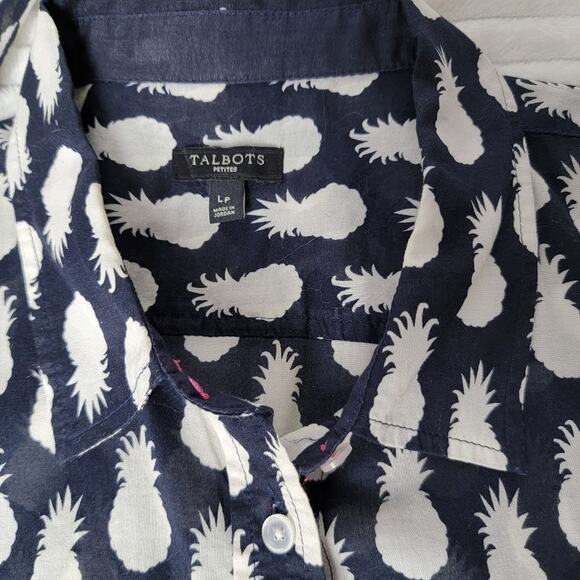 Talbots Petites LP Navy Blue White Pineapple Print Button Down Shirt 100% Cotton - Picture 4 of 7